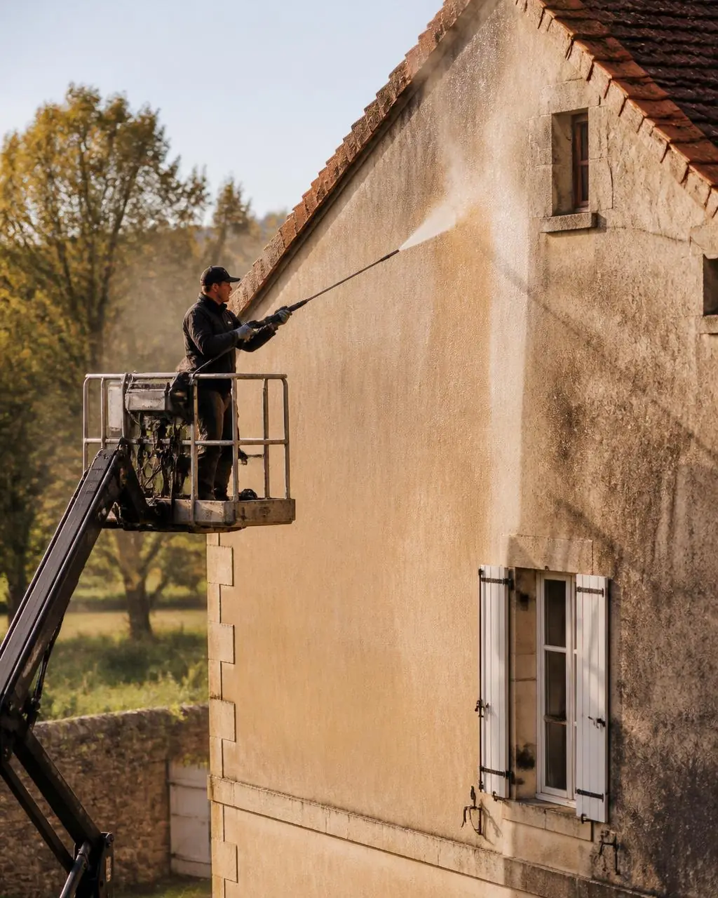 Stéphane nettoie la façade d'une maison au nettoyeur haute pression à Crottet